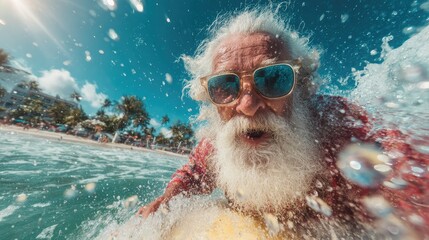 A man with a beard surfing in bright ocean water.