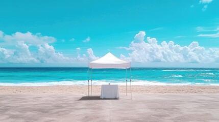Obraz premium Tranquil Beach Scene with White Canopy Under Clear Blue Sky and Ocean Waves in the Background