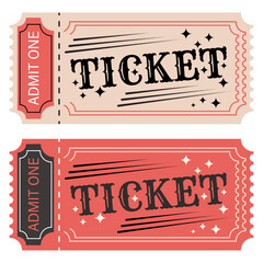 Vintage admit one ticket design set in retro style, classic event entry coupon, old-fashioned theater cinema concert carnival pass, decorative printable paper ticket template for entertainment events