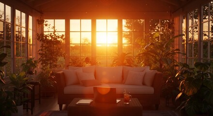 Sunroom bathed in golden light, inviting interior for relaxation. Ideal for home decor inspiration, real estate marketing, or wellness concept promotion. Serene living space.