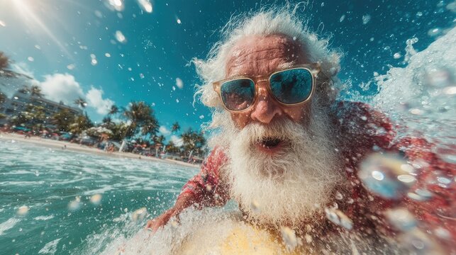 A man with a beard surfing in bright ocean water.