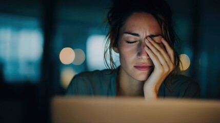 Stressed woman with tired eyes rubbing face while working late at night on laptop.