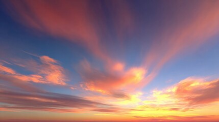 Naklejka premium Dramatic Sunset Sky with Colorful Clouds, Beautiful Sunlight, and Atmospheric Perspective, Perfect for Backgrounds and Visuals