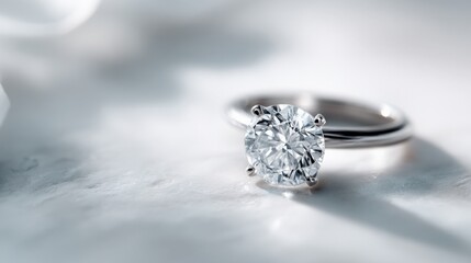 Elegant Diamond Solitaire Ring on Marble Surface Showcasing Luxury and Romance for Engagement, Wedding and Anniversary