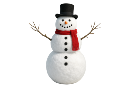 Snowman with a red scarf and black hat on a transparent background. Winter. Holiday decor.