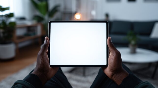 Person Holding a Tablet with a Blank Screen Display in a Modern Living Room for Advertising
