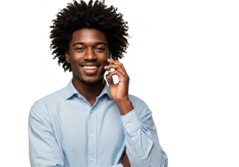 Smiling black man talking on cell phone with curly hair wearing light blue shirt transparent background