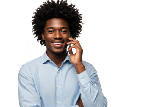 Smiling black man talking on cell phone with curly hair wearing light blue shirt transparent background - Powered by Adobe