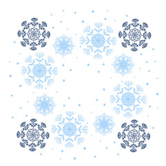 Vector square frame of snowflakes isolated on white background. Suitable for Christmas design of stickers, labels, cards.