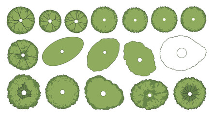 Collection of architectural tree plan view vector illustrations for landscape design, white background
