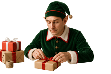 Christmas elf wrapping a present on a transparent background. Christmas. Holiday preparation.