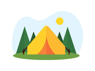 Camping place flat vector landscape with yellow tent in green forest. Summer outdoor adventure scene. Vector illustration on white background.