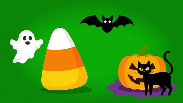 Animated Halloween Scene with Pumpkin Ghost Bat Candy Corn.