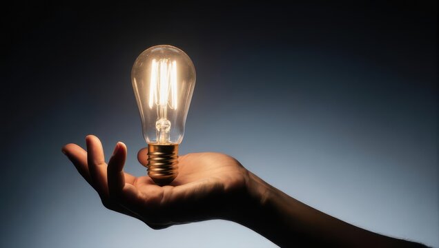 A glowing lightbulb is held in an open hand against a dark background, emphasizing innovation