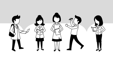 Simple vector illustrations of stylized people in different poses, isolated on gray, white background