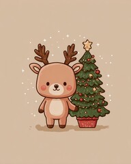 Fototapeta premium Cute reindeer with a Christmas tree on a festive background.