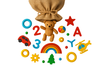 Bag with children's toys and gifts on a transparent background. Christmas. Presents for kids.