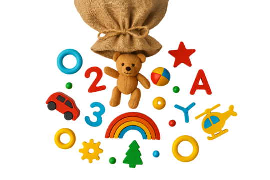 Bag with children's toys and gifts on a transparent background. Christmas. Presents for kids.