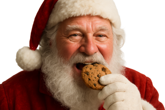 Santa Claus eating a cookie on a transparent background. Christmas. Festive mood. - Powered by Adobe