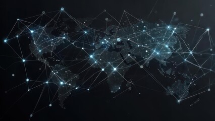 A glowing network overlays a detailed map of the world, connected by lines of light on dark background