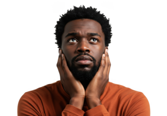 Thoughtful black man with hands on cheeks looking upwards in contemplation transparent background