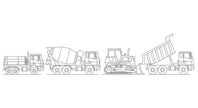 Vector line art illustration of construction vehicles including a flatbed, concrete mixer, bulldozer, and dump truck, white background