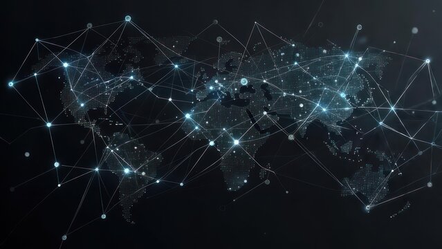 A glowing network overlays a detailed map of the world, connected by lines of light on dark background