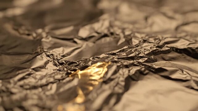 Close-up of crumpled, textured metallic foil in shades of gold and brown, creating a captivating abstract pattern for backgrounds.