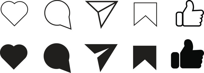 Social media reaction icons set including heart chat send bookmark thumbs up
