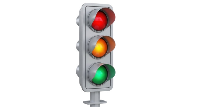 Isolated traffic light showing red, yellow, green colors for pedestrian and car drivers