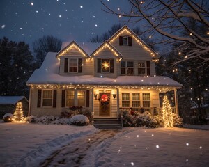 Cozy snow covered house at night adorned with warm christmas string lights
