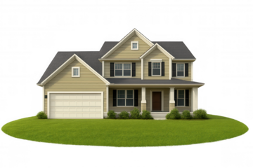 Suburban house with green lawn on transparent background, symbolizing real estate, homeownership, and property investment