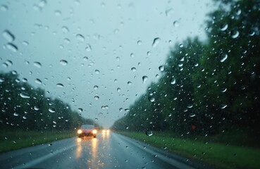 Rain droplets on car windshield on rainy day. Wet road with oncoming car lights in rural countryside. View from inside the vehicle through the water drops on glass windscreen.
