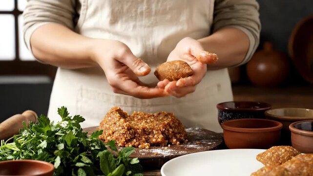 Chef's Hands Skillfully Shaping Traditional Bulgur Patties in a Rustic Kitchen Setting