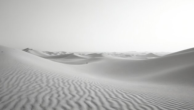 Desert landscape with vast sand dunes in monochrome. Expansive grey terrain with rippled sand texture. Barren and desolate environment under a bright sky.