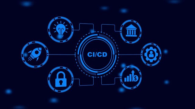 CICD Continuous Integration Continuous Delivery Workflow Icons Connected to Central Hub on Dark Blue Background