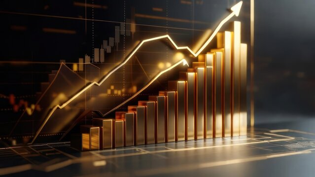 A golden financial chart depicting upward growth with bars and a line against a dark background - Powered by Adobe