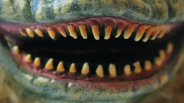A close-up view of a dinosaur's mouth showing its sharp teeth