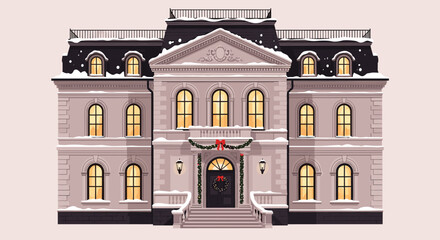 A grand snow covered mansion decorated for a festive holiday season.