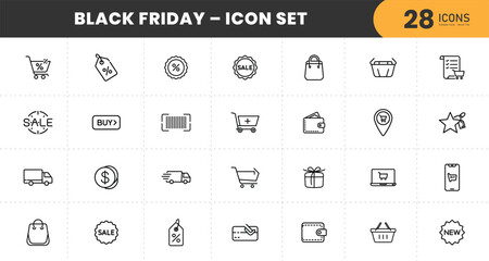 Black Friday sale icon set with shopping cart, discount tag, wallet, delivery truck, barcode, gift box, and e-commerce symbols  with transparent Background.