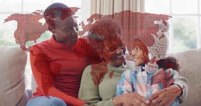 Mom leaning behind grandma smiling sparking her adjusting girl's cap with map overlay for marketing