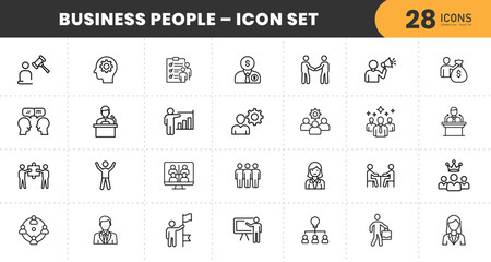 Business People Icon Set – Line Icons for Teamwork, Leadership, Communication, Presentation, Success, Management, Partnership, Growth, Corporate,  and Motivation with transparent Background.