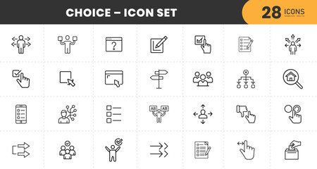 Choice and Decision Icon Set – Thin Line Vector Illustrations of Options, Selection, Voting, Direction, Business Strategy, and Decision Making with transparent Background.