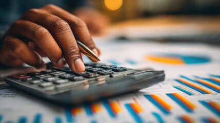 Fototapeta premium Close-Up of Person Using Calculator on Financial Reports for Accounting