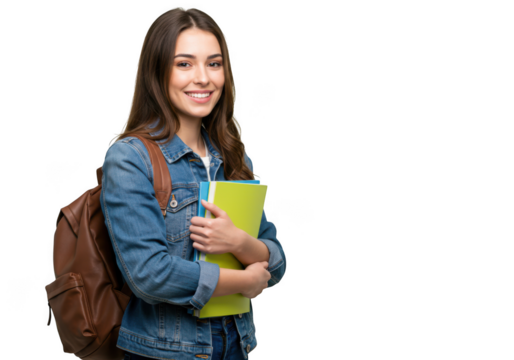 Smiling student holding books and backpack on transparent background