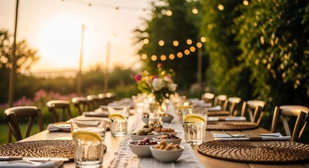 Fototapeta premium Elegant outdoor dinner party at sunset. Ideal for summer events, weddings, or Thanksgiving gatherings. Features rustic table setting and warm ambiance.