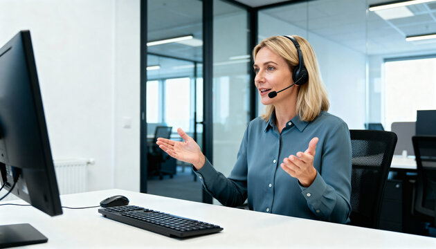 Professional businesswoman using a headset for online meeting in a modern office.