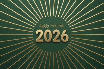 Luxurious 2026 new year card with brushed gold foil numbers, embossed sunburst and delicate script on forest green