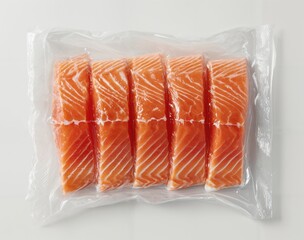 Vacuum-sealed fresh salmon fillets with vibrant orange color and white marbling, laid out on a white surface in individual portions for cooking or sushi preparation.