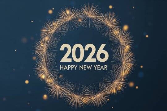 Luxurious 2026 new year card with golden firework wreath, crisp white text and bokeh lights on navy